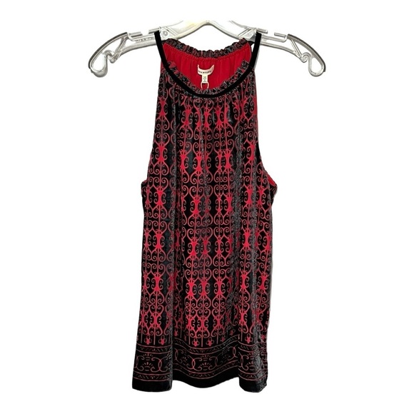 Max Studio Velvet Halter Top Red Black Pattern Sleeveless Lined Tunic Tank - Picture 3 of 7